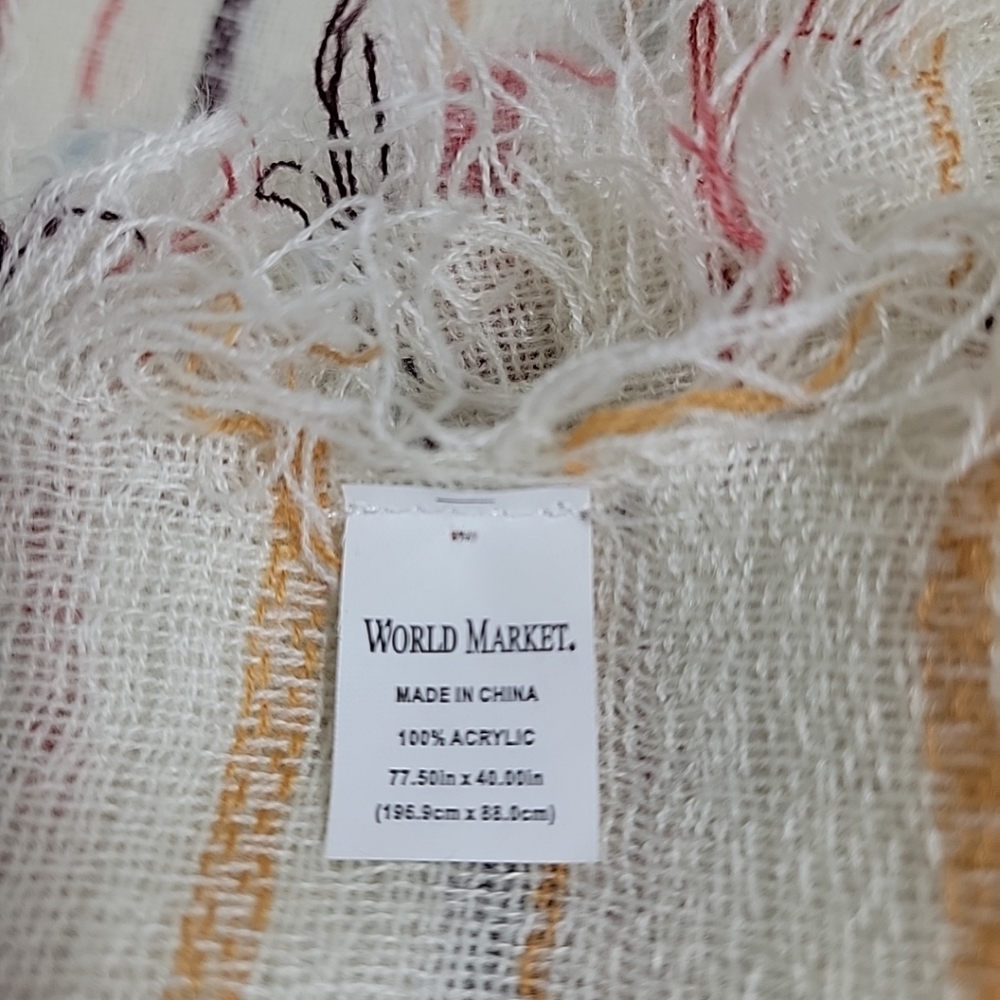 World Market Women's Ivory Red Brown Yellow Striped W/ Fringe Accent Scarf - Picture 4 of 6